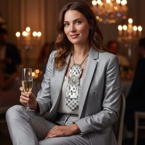 “Dainty Dapper”Elegant Silver Checkered necktie Necklace attached Crystal Brooch